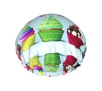 Colorful Happy Birthday Cupcakes Print Shower Cap â€“ Reusable, Double Layer, with Elastic Band â€“ Perfect for Home, Spa, Hotel, and Travel