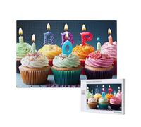 Colorful Happy Birthday Cupcakes Printed 1000 Pieces Jigsaw Puzzle with Storage Box, Wooden Puzzle for Adults and Kids, Family Fun Decorative Game, 75x50 CM