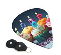 Colorful Happy Birthday Cupcakes Printed Guitar Picks, 6 Pack with Leather Keychain Pick Holder - 0.46mm, 0.71mm, 0.96mm Assorted Thickness for Acoustic Ukulele, Electric Guitar