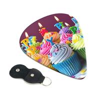Colorful Happy Birthday Cupcakes Printed Guitar Picks, 6 Pack with Leather Keychain Pick Holder - 0.46mm, 0.71mm, 0.96mm Assorted Thickness for Acoustic Ukulele, Electric Guitar