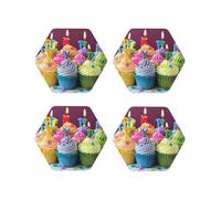 Colorful Happy Birthday Cupcakes Printed Hexagon Coasters 4 PCS for Drinking, Leather Coaster for Home Decor Tabletop Protection