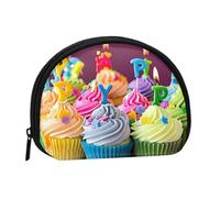 Colorful Happy Birthday Cupcakes Printed Mini Coin Pouch, Shell Shape Zip Around Wallet, Small Zipper Pouch for Cash, Cards, Keys, Lipstick, Storage Pouch, Travel Organizer