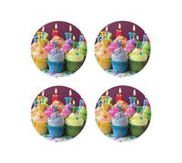 Colorful Happy Birthday Cupcakes Printed Round Shape Coasters 4 PCS for Drinking, Leather Coaster for Home Decor Tabletop Protection