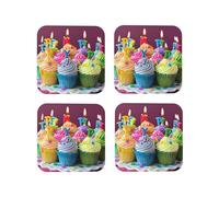 Colorful Happy Birthday Cupcakes Printed Square Coasters 4 PCS for Drinking, Leather Coaster for Home Decor Tabletop Protection