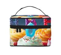 Colorful Happy Birthday Cupcakes Printing Makeup Bag for Women Portable Travel Cosmetic Case Make Up Organizer Bag Beauty Box with Inner Pouch and Handle