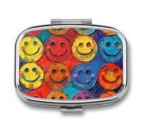Colorful Happy Face Pill Box - 2 Compartment Travel Pill Organizer with Small Mirror, Portable Pillcase for Pocket & Purse, Cute Square Medicine Case, Weekly Medicine Container