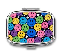 Colorful Happy Faces Pill Box - 2 Compartment Travel Pill Organizer with Small Mirror, Portable Pillcase for Pocket & Purse, Cute Square Medicine Case, Weekly Medicine Container