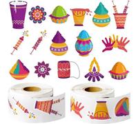 Colorful Happy Holi Day Stickers - EGuangwiua 1000Pcs Holi Festival Self-Adhesive Stickers (2 Rolls) Holi Hai Sticker Waterbottle Laptop Envelop Cupcake Decoration Happy Holi Mubarak Party Supplies