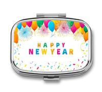 Colorful Happy New Year Fireworks in The Sky Pill Box 2 Compartment Portable Medicine Pill Case Travel Pill Organizer for Pocket Purse