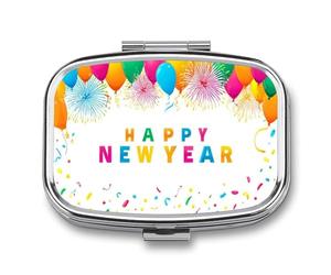 Colorful Happy New Year Fireworks in The Sky Pill Box 2 Compartment Portable Medicine Pill Case Travel Pill Organizer for Pocket Purse