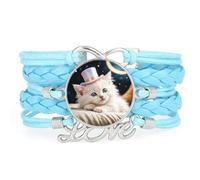 Colorful Hat Cat animal strap love adjustable leather braided bracelet Blue