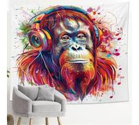 Colorful Headphone Wearing Monkey Tapestry, Vibrant Funky Animal Wall Art for Summer, Bohemian Aesthetic Home Decor, Suitable for Living Room Bedroom 60x80 Inch