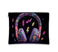Colorful Headphones Makeup Bag, Funky Patterned Travel Cosmetic Pouch for Women, Portable Small Canvas Zipper Organizer, Music Festival Gift Toiletry Bag, Summer Essentials, Violet, 7x9 Inch