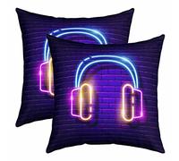 Colorful Headset Pillow Cover Musical Theme Neon Light Decorative Cushion Cover for Boys Girls Adults Rock Punk Hip Hop Style Cushion Case for Couch Chairs Office 18x18 Inch Set of 2