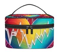 Colorful Heart Beat Pattern Double-Layer Waterproof Cosmetic Bag Portable Travel Toiletry Organizer with Pockets for Makeup Accessories