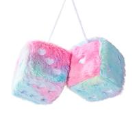 Colorful Heart Embroidered Fuzzy Plush Dice - 3-Inch Decorative Car Mirror Hanging Ornaments, Soft Foam, Easy Install, Great Gift Idea (Rainbow)