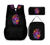 Colorful Heart Flower Anatomy Backpack Lunch Bag Pencil Case 3Pcs Set | Laptop Daypack ,Backpack Set for Travel Work