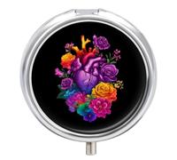 Colorful Heart Flower Anatomy Pill Case Small Portable Medicine Case | 3 Compartment Pill Box,Travel Medicine Pill Organizer for Pocket Purse