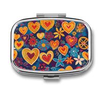 Colorful Heart Flowers Pill Case Box with 2 Compartment Medicine Vitamin Organizer for Purse Pocket 5.5x4cm