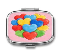 Colorful Heart Lovely Cute Pink Pill Case 2 Compartment Small Pill Box Metal Portable Medicine Box Mini Medication Organizer Storage Travel Organizer for Pocket Purse