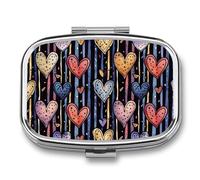 Colorful Heart Stripes Pill Case Box with 2 Compartment Medicine Vitamin Organizer for Purse Pocket 5.5x4cm