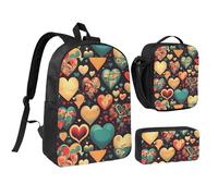 Colorful Hearts 17 Inch Backpack Lunch Bag Pencil Case Set, Cute Print, Durable Oxford Cloth.