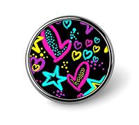 Colorful Hearts and Stars with Dots on Dark Background Round Brooch Pin, Unisex Smooth Surface Lapel Tie Pin, Lightweight Badge Jewelry Crafts Decor for Costume Accessory Men Women