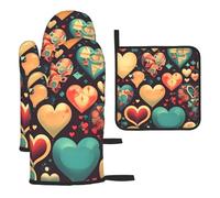 Colorful hearts Oven gloves and pot rack 3-piece set, suitable for lifting pot lids in the kitchen, microwave oven, oven, etc.