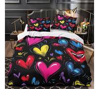 Colorful hearts pattern 3D Printing Quilt Cover 3pcs Microfibre Anti-Fade Zip Closure Cartoon doodle Duvet Cover 2 Pillowcases Breathable Easy Care Bedding Boys Girls Room Super king（260x220cm）