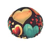 Colorful hearts Printed shower cap, reusable, specially designed for women's long hair, double-layer structure, suitable for bathing.