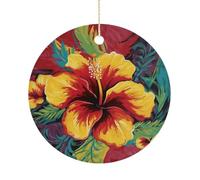 Colorful Hibiscus Double-Sided Ceramic Christmas Ornaments - Round Hanging Mini Xmas Tree Decorations, Ideas for Farmers, Rustic Home Decor for Indoor Outdoor Tree Decor