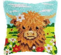 Colorful Highland cattle Latch Hook Kits for Adults Beginners Cute Animals Latch Hook Pillow Kit Pre-Printed Latch Hook Rug Kits Cross-Stitch Embroidery Cushion for Home Sofa Decoration 17x17 in.