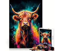 Colorful Highland Cow Neon 1000 Pieces Puzzles for Teenagers Calm Game Sharp Detail Fun Challenge Night Play (50x75cm)