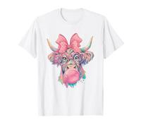 Colorful Highland Cow with Bow and Bubble Gum Cute Retro T-Shirt