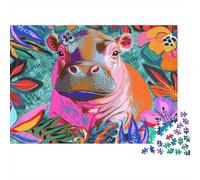 Colorful Hippo Art 1000 Pieces Jigsaw Puzzle for Adults & Children, Thick Cardboard, Non-Reflective Surface, Rainbow Hippo with Flowers, Educational Brain Teaser, Ideal Wall Art for Home 70x50cm/1000p