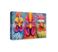 Colorful Hippy Roosters Wall Pictures for Livingroom Decor Funny Painting 1P Canvas Colorful Animals Artwork Home Decor for Living Room Framed Ready to Hang Posters and Prints Farmhouse Art 24x36inch