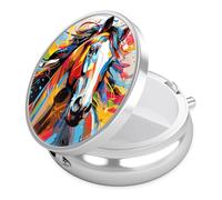 Colorful Horse Pill Case, Pill Box 3 Compartments Metal Small Pill Holder with Mirror Mini Travel Pill Container for Purse Pocket Women Men