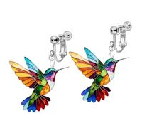 Colorful Hummingbird Clip on Dangle Earrings for Women, Non Pierced, 2D Novelty Bird Drop Earrings, Humming Animals Jewelry, Acrylic, No Gemstone