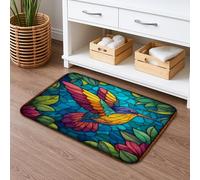 Colorful Hummingbird Quick Dry Bath Mat, Stained Glass Floral Absorbent Non Slip Shower Mat, Spring Decorative Washable Bathroom Rugs 20x32 Inch