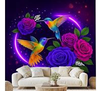 Colorful Hummingbird Rose Mural Bird Purple Neon Wallpaper 300x210 cm Fantasy Animal Non-Woven Wall Paper Peel and Stick Wall Art for Bedroom Living Room Home Decor Dg15n