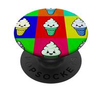 Colorful Ice Cream Cone Faces Kawaii Dessert Rainbow Gelato PopSockets Adhesive PopGrip