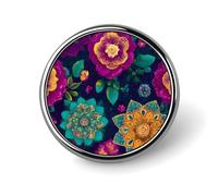 Colorful Indian Boho1 Flower Pattern Novelty Metal Badge 1″ Round Brooch Pin Clothes Hat Bag Tie Accessories Decor