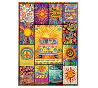 Colorful Inspirational Collage Puzzle 1000 Pieces for Adults, Peace Sunflower Psychedelic Vintage Jigsaw Puzzle, Car 1970s Hippie Art Puzzles