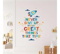 Colorful Inspirational Quote Wall Sticker Never Give Up Because Great Things Take Time, Motivational Vinyl Wall Decal for Kids Room, Bedroom, Living Room, Self-Adhesive Decor
