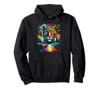 Colorful Jaguar Spirit Animal Cool Illustration Art Pullover Hoodie, Adult Unisex, Black, Large