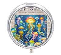 Colorful Jellyfish Pill Box Case 3 Compartment Travel Medicine Pill Organizer 3x A Day Portable Vitamin Organizer with Mirror Small Pillbox for Purse & Pocket Cute Daily Medicine Container Metal Vitam