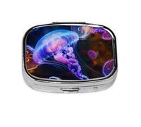 Colorful Jellyfish Printed Square Pill Organizer with 2 Compartments, Portable Mini Pill Box Pill Case for Medicine, Vitamin, Fish Oil, Supplements