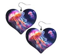 Colorful Jellyfish Prints Leather Heart earrings Pendant Stylish and light Lightweight Dangle for Women Girls, One Size, Leather, No Gemstone