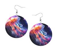 Colorful Jellyfish Prints Leather Round Earrings Pendant Stylish And Light Lightweight Dangle For Women Girls, One Size, Leather, No Gemstone