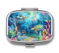 Colorful Jellyfish Turtle Pill Case Box with 2 Compartment Medicine Vitamin Organizer for Purse Pocket 5.5x4cm